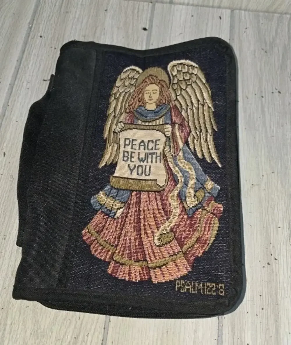 Vtg Zondervan Bible Cover Angel Tapestry Zippered Case Carrier W/ Handle